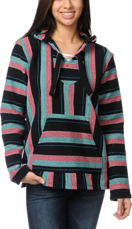 Senor Lopez Black, Coral, & Mint Poncho