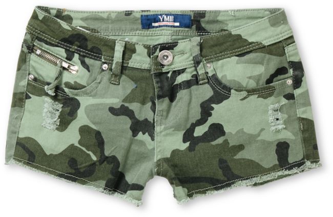 YMI Taye Green Camo Print Cut Off Shorts