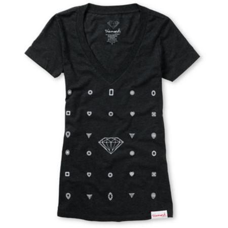 Diamond Supply Girls Many Diamonds Charcoal V-Neck Tee Shirt