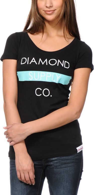 Diamond Supply Girls Bar Logo Black Scoop Neck Tee Shirt