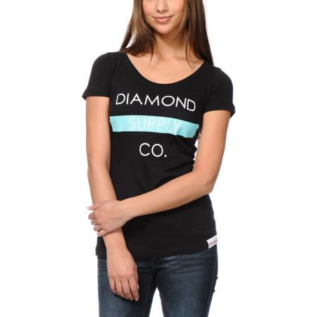Diamond Supply Girls Bar Logo Black Scoop Neck Tee Shirt