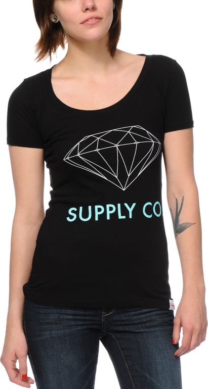 Diamond Supply Girls Black Scoop Neck Tee Shirt