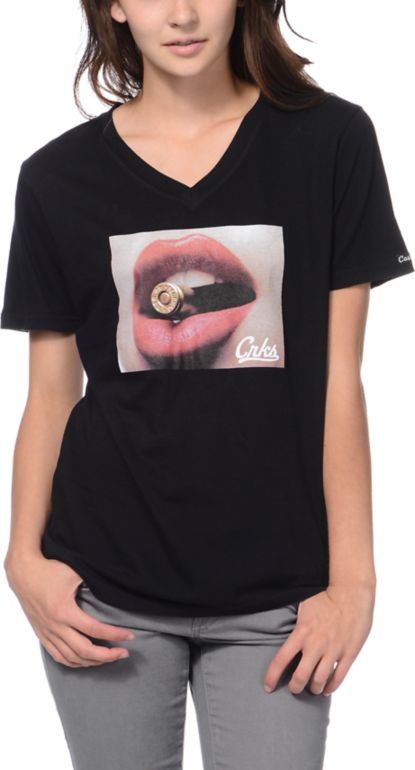 Crooks And Castles Girls Ruthless Black V-Neck Tee Shirt