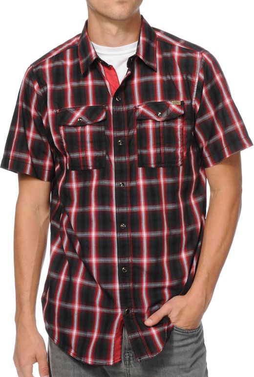 Empyre Ritual Red & Black Plaid Short Sleeve Button Up Shirt