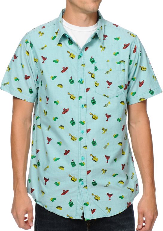 Empyre Taco Tuesday Turquoise Print Woven Button Up Shirt