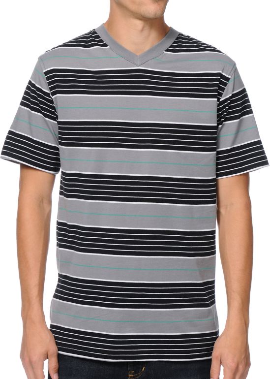 Zine Pop Up Black, Grey & White Striped V-Neck Tee Shirt