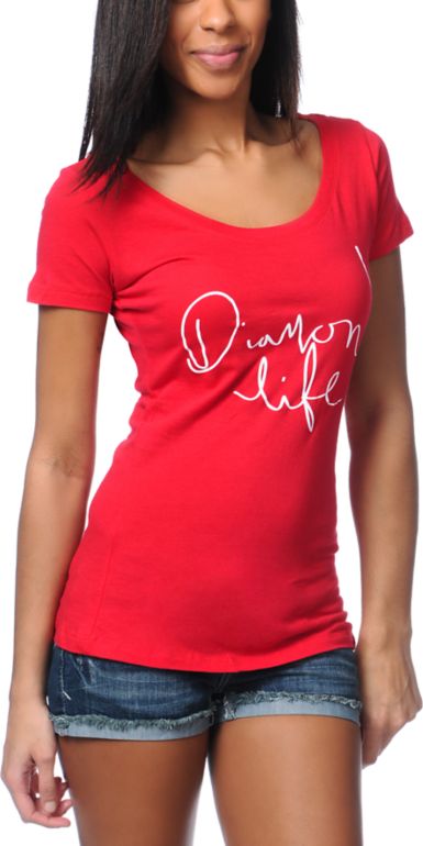 Diamond Supply Girls Diamond Life Red Scoop Neck Tee Shirt