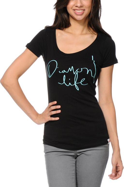 Diamond Supply Girls Diamond Life Black Scoop Neck Tee Shirt