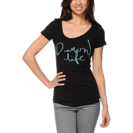 Diamond Supply Girls Diamond Life Black Scoop Neck Tee Shirt