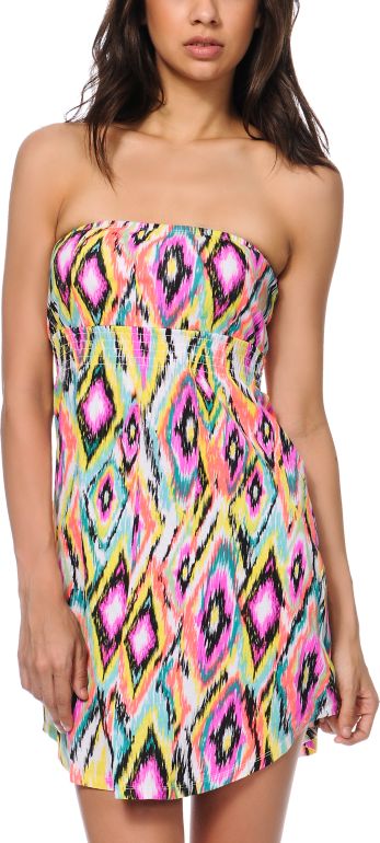 Empyre Ikat Multicolor Tribal Print Strapless Dress