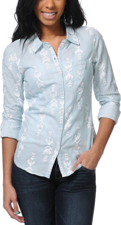 Volcom Girls Calmate Tribal Print Button Up Shirt