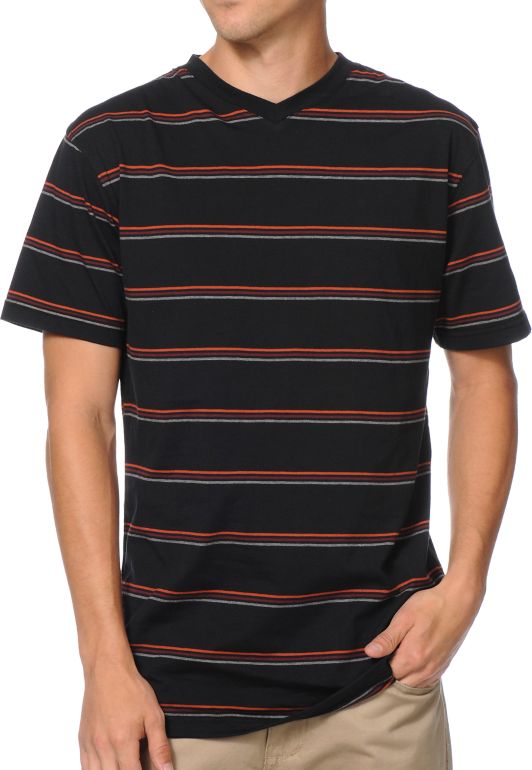 Zine Troubadour Black Striped V-Neck Tee Shirt
