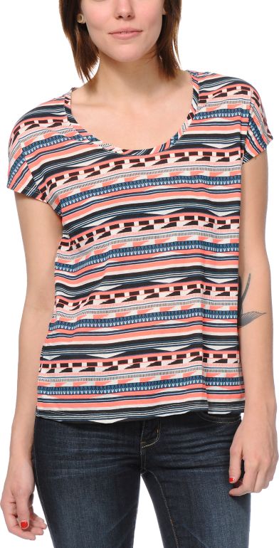 Empyre Girl Hatfield Coral & Lyons Blue Tribal Print Dolman Top