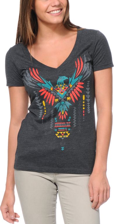 Empyre Girls Take Wing Charcoal V-Neck Tee Shirt