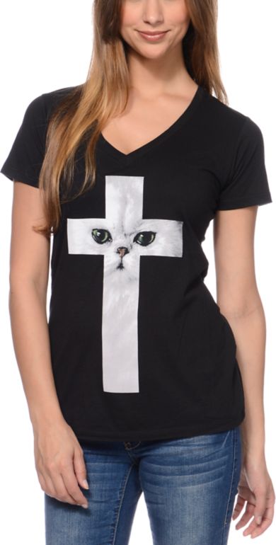 A-Lab Girls Cat Cross Black Tee Shirt