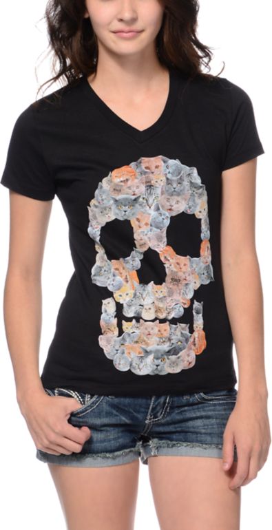 A-Lab Kitty Skull Black V-Neck Tee Shirt