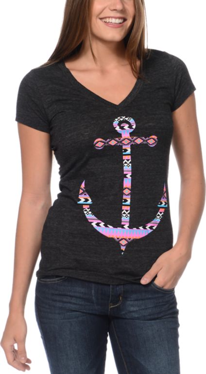 Empyre Girls Tribal Anchor Charcoal Deep V-Neck Tee Shirt