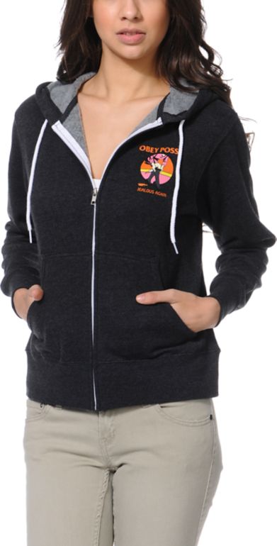 Obey Girls Jealous Again Charcoal Grey Zip Up Hoodie