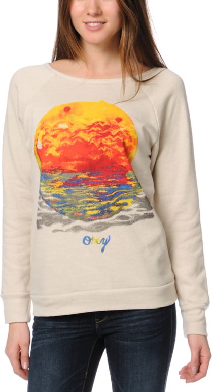 Obey Rising Red Sun Beige Vandal Crew Neck Sweatshirt
