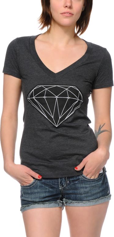 Diamond Supply Girls Big Brilliant Charcoal V-Neck Tee Shirt