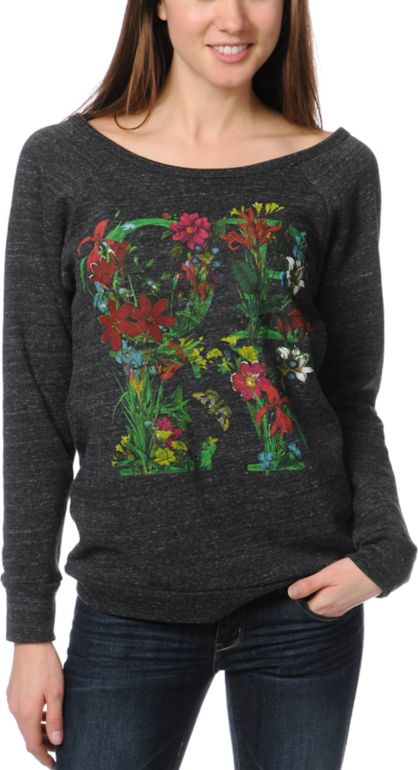 Obey Flower Type Heather Black Vandal Crew Neck Sweatshirt