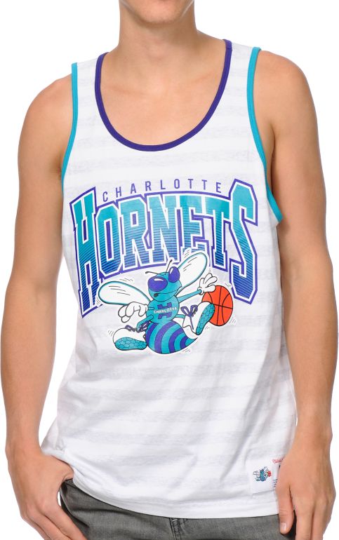 NBA Mitchell and Ness Charlotte Hornets White & Grey Striped Tank Top