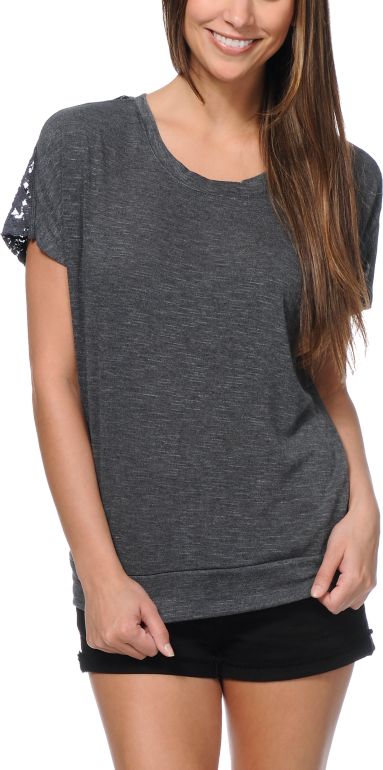 Empyre Girls Lafayette Charcoal Crochet Tee Shirt