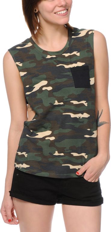Empyre Girls Lauryn Camo Print Pocket Muscle Tank Top