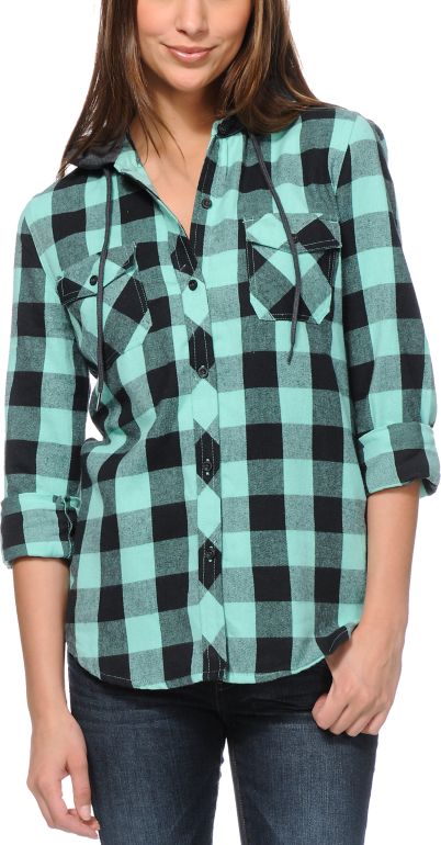 Empyre Girls Bristol Mint Buffalo Plaid Hooded Flannel Shirt