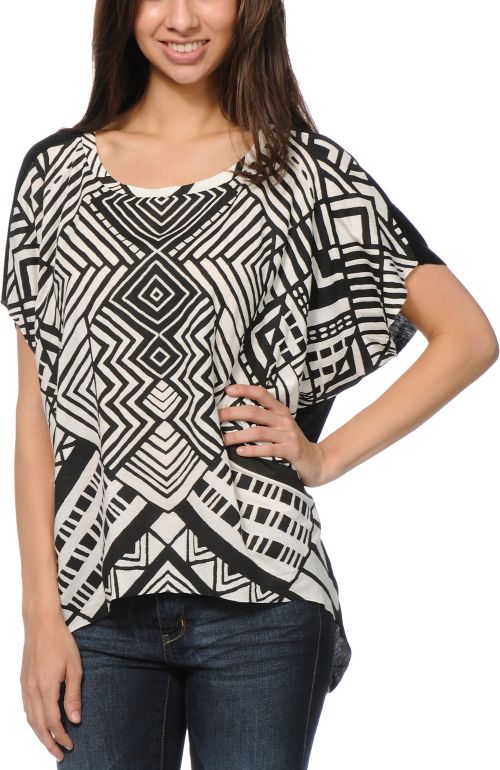Empyre Girls Orinda Black Tribal Print Dolman Top