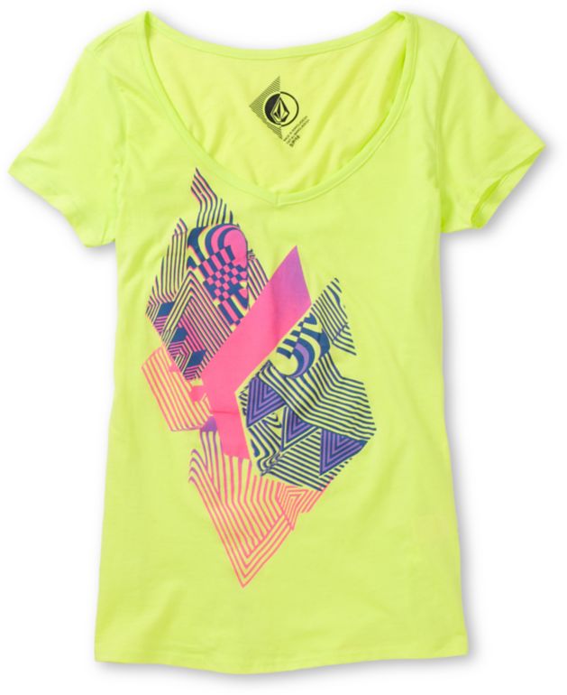 Volcom Girls Litterstone Neon Green V-Neck Tee Shirt