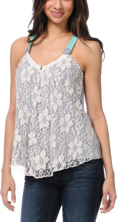 Jolt Lace Overlay Grey & Mint Tank Top