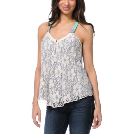 Jolt Lace Overlay Grey & Mint Tank Top