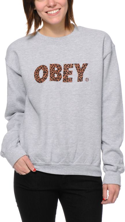 Obey Cheetah Font Grey Crew Neck Sweatshirt