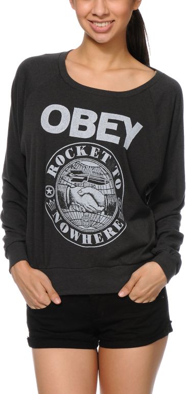 Obey Rocket To Nowhere Dark Grey Raglan Top