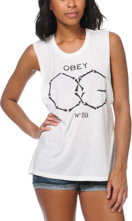 Obey OG Bones White Moto Cut-Off Tank Top