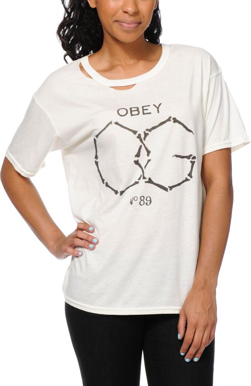 Obey OG Bones Natural White Destroyed Tee Shirt