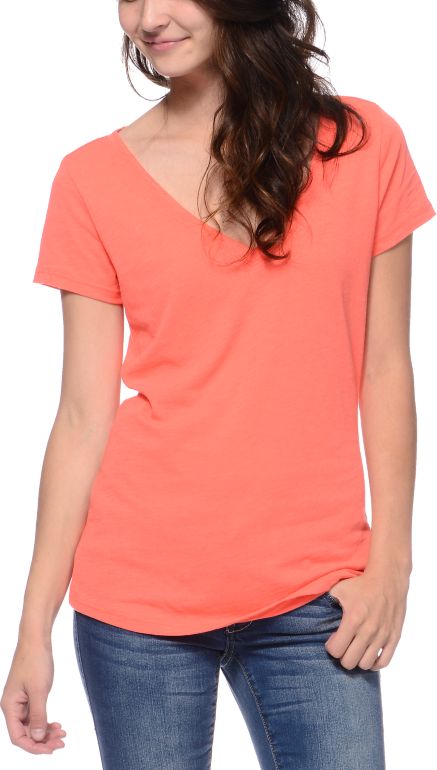 Zine Girls Georgia Peach Coral Beta V-Neck Tee Shirt