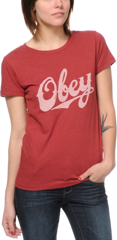 Obey Classic Script Burgundy Tee Shirt