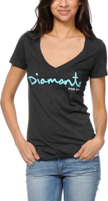 Diamond Supply Girls For Life Charcoal V-Neck Tee Shirt