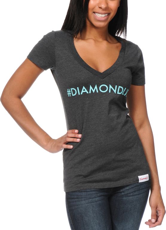 Diamond Supply Girls Hashtag Charcoal V-Neck Tee Shirt