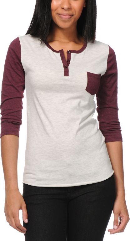 Zine Girls Blackberry & Oatmeal Henley Baseball Tee Shirt