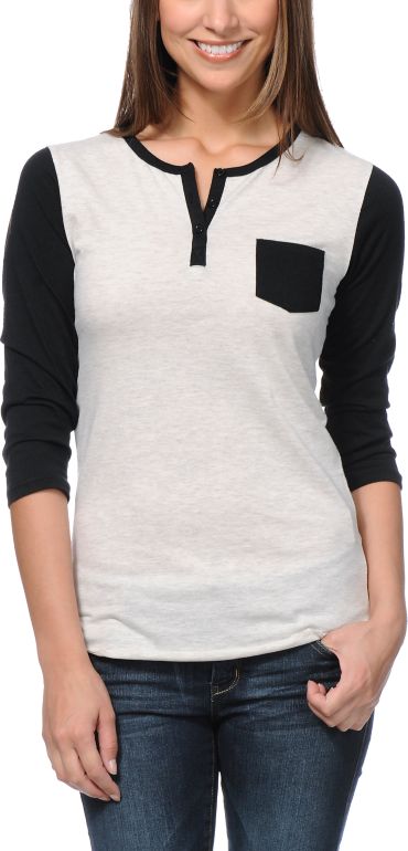 Zine Girls Black & Oatmeal Henley Baseball Tee Shirt
