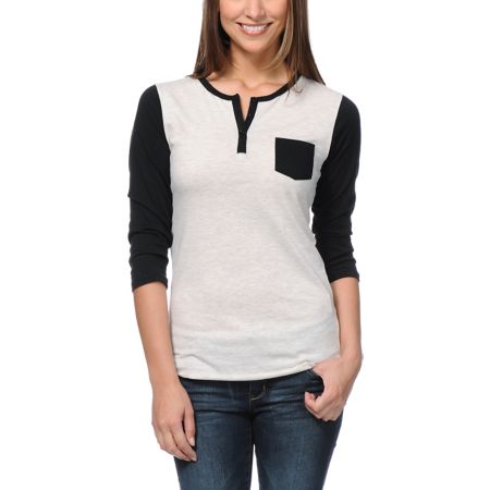 Zine Girls Black & Oatmeal Henley Baseball Tee Shirt 