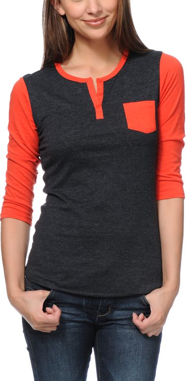 Zine Girls Neon Red & Charcoal Henley Baseball Tee Shirt
