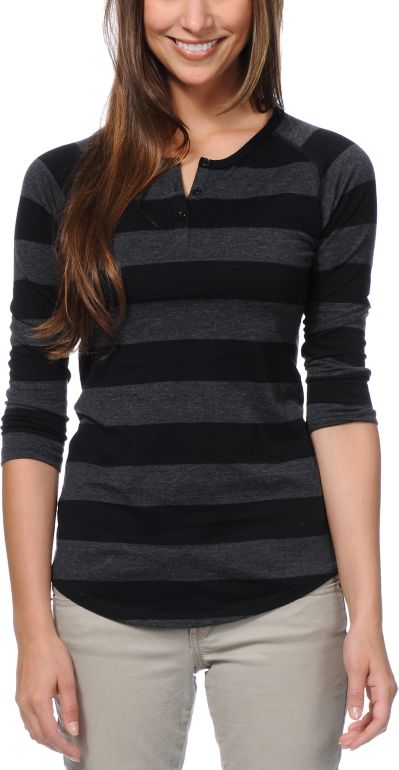 Zine Girls Black Rugby Stripe Henley Baseball Tee Shirt