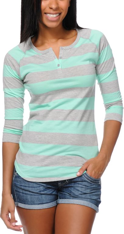 Zine Girls Heather Grey & Ice Green Rugby Stripe Henley Baseball Tee Shirt
