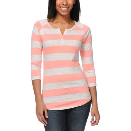 Zine Girls Oatmeal & Coral Rugby Stripe Henley Baseball Tee Shirt