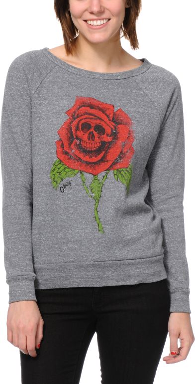 Obey Death Rose Heather Grey Vandal Crew Neck Sweatshirt