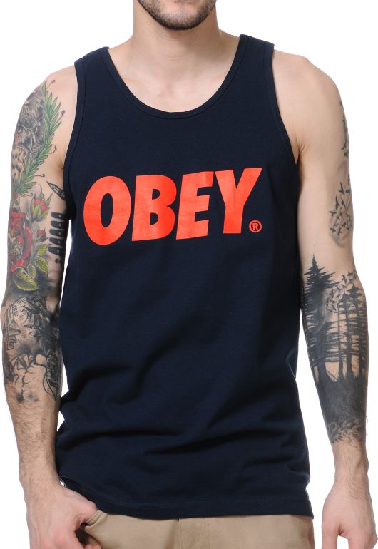 Obey Font Navy & Red Tank Top